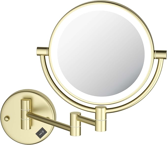 KIBI Circular Wall Mount Makeup Mirror with LED Lights, Dual-Sided 1x/5x Magnifying Mirror with Adjustable Arm, 360° Swivel, Solid Brass Construction for Durability and Style (Brushed Gold, KMM101)