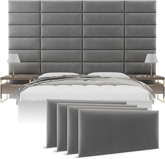 Vänt Upholstered Wall Panels - Queen/Full Size Wall Mounted Velvet Headboards - Velvet Smoke Grey - Set of 4 Panels (Each Individual Panel 30"x11.5")