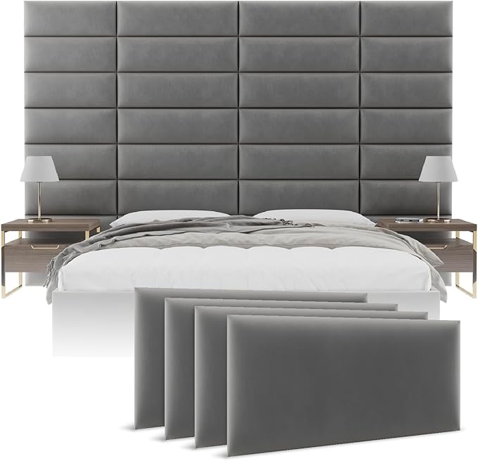 Vänt Upholstered Wall Panels - King/Cal King Size Wall Mounted Velvet Headboards - Velvet Smoke Grey - Twin/King - Set of 4 Panels (Each Individual Panel 39"x11.5")