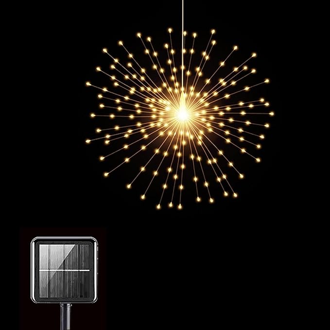 Solar Starburst Sphere Lights,200 LED Firework Light, 8 Modes Dimmable Waterproof Hanging Fairy Light, Copper Wire Lights for Patio Tent Parties Christmas -NO Remote (Warm White)