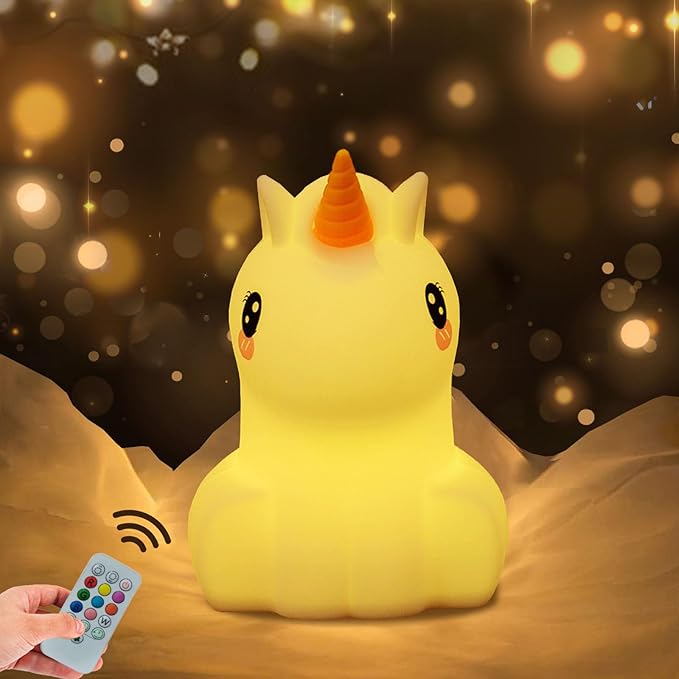WHA&DARREN Large Unicorn Night Light for Kids,Cute Baby Night Light, Silicone Bedside Lamp,Sleep LED Lights, Eye Caring, Adjustable Brightness & Color, Time Setting, Touch Control & Remote Control