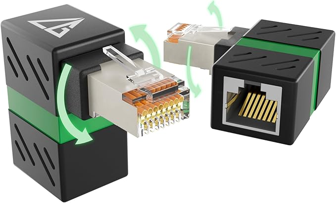 CableGeeker 2-Pack 10Gbps 360° Rotatable Cat6A Right Angle Ethernet Adapter, 90-Degree RJ45 Male to Female Connector for Office Home Network, LAN Extension Cable Adapter(Black)