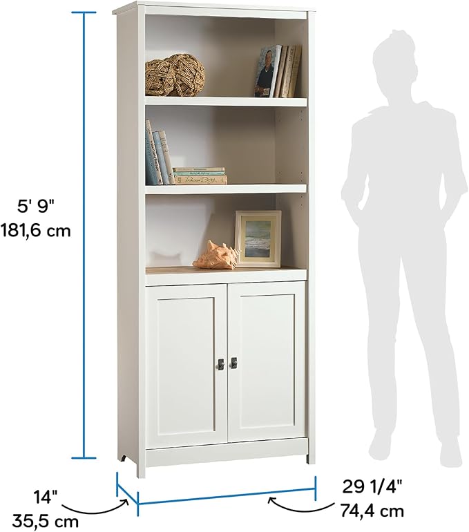 Sauder Cottage Road Book Shelf, Bookshelf with Storage, Library Bookcase with Doors and Adjustable Shelves, in Soft White Finish