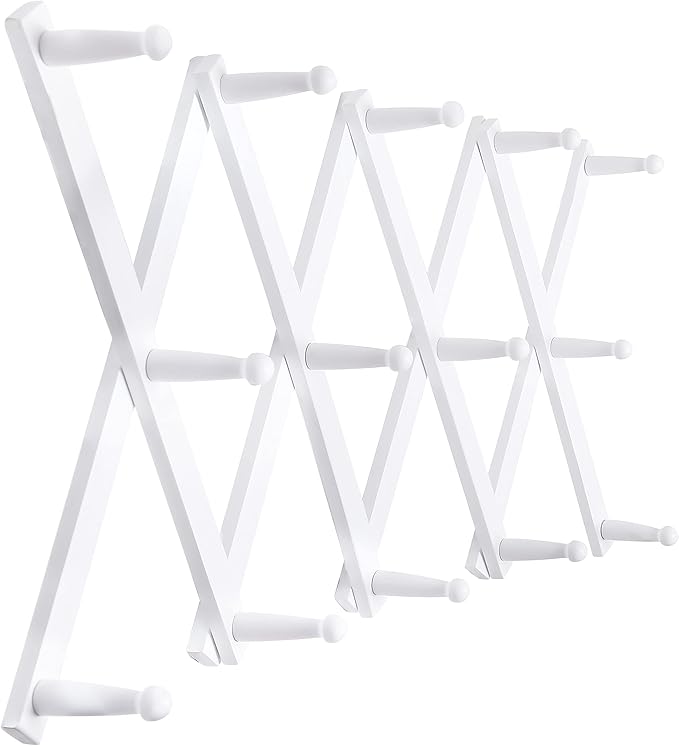 SKOLOO Hat Rack for Wall with 14 Hooks, Solid Wooden, Modern, Expandable Coat Rack Wall Mount for Coats, Hats, Bags, Baseball Caps, White