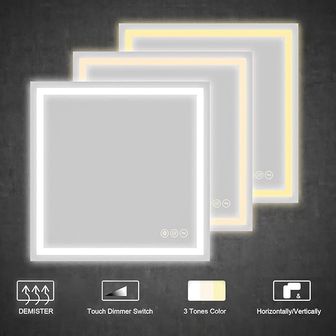 Wall-Mounted LED Square Bathroom Mirror, Makeup Mirror (36 inches x 36 inches,) 3 Color Dimming Bathroom Vanity Mirror with Lights Smart Mirror with Touch