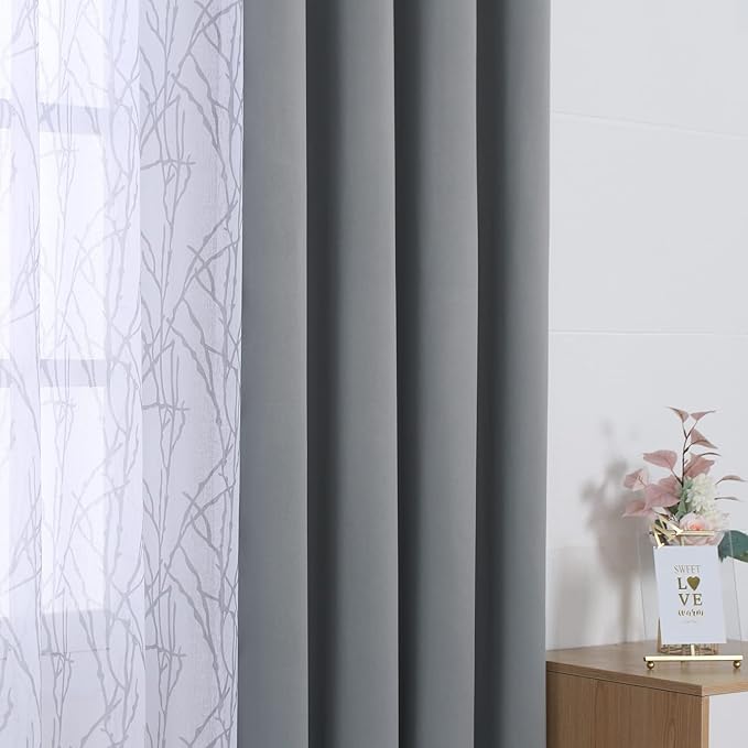 BONZER Mix and Match Curtains - 2 Pieces Branch Print Sheer Curtains and 2 Pieces Blackout Curtains for Bedroom Living Room Grommet Window Drapes, 37x63 Inch/Panel, Light Grey, Set of 4 Panels