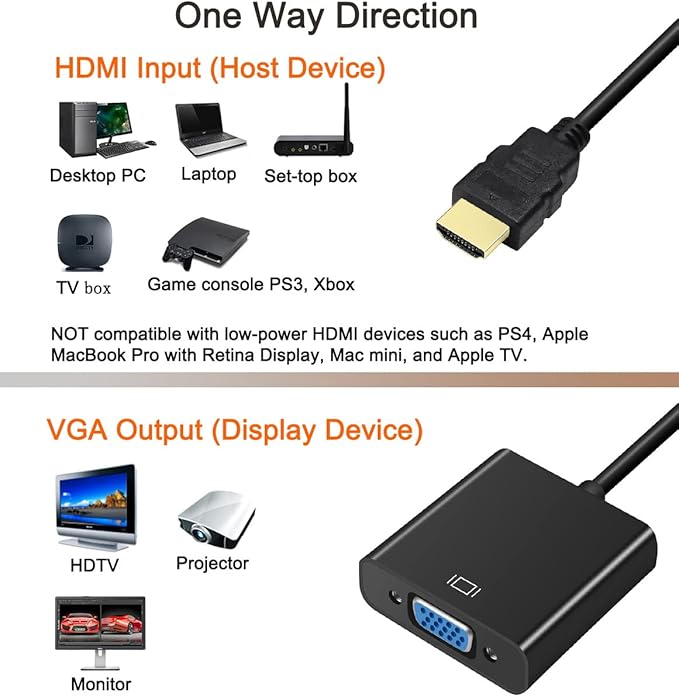 DTECH HDMI to VGA Adapter Cable for Computer Monitor PC TV 1080P HD Video (Male HDMI Input to VGA Output Female Connector)