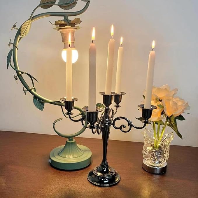 Black Candelabra Candle Holders for Pillar Candles 10.6 inch Tall, 5 Candle Candlestick Holder for 1/2-1 inch Taper Candles Halloween Candelabra Decoration Easy Assembly (Black)