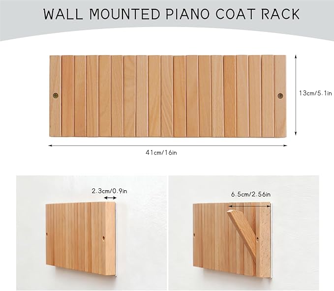 Coat & Hat Hooks Wall Mount with Key Holder, Wall Mounted Coat Rack with 9 Retractable Hangers, Solid Wood Slim Key Holder for Entryway, 17in Natural Finish