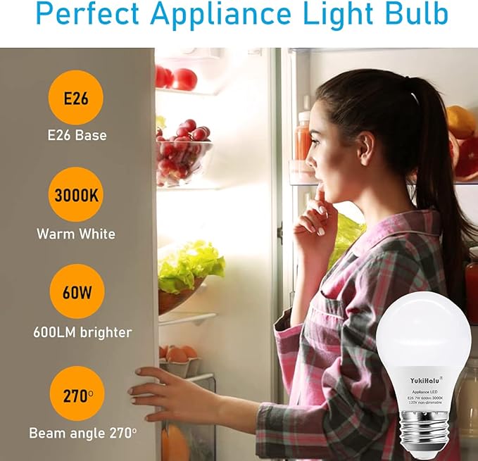 YukiHalu, A15 Appliance Light Bulb, 60W Equivalent for Range Hood/Refrigerator Light Bulb/Ceiling Fan Light, 600 Lumens 7W 120V 3000K Warm White E26 Base, Waterproof, Not Dimmable, 2-Pack