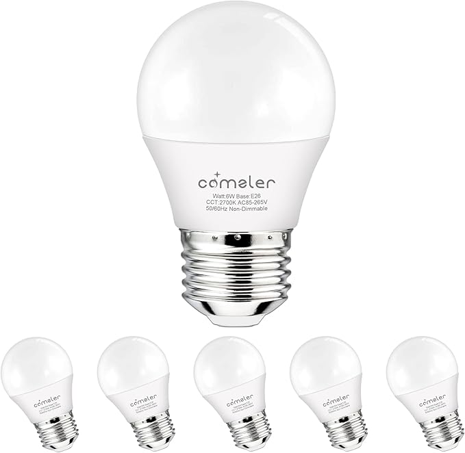 comzler Small Light Bulb 6 Watts Warm White Light 2700K, 60 Watts Globe Light Bulb Equivalent, E26 Standard Screw Base A15/G45 Shape LED Appliance Bulb Refrigerator 6-Pack