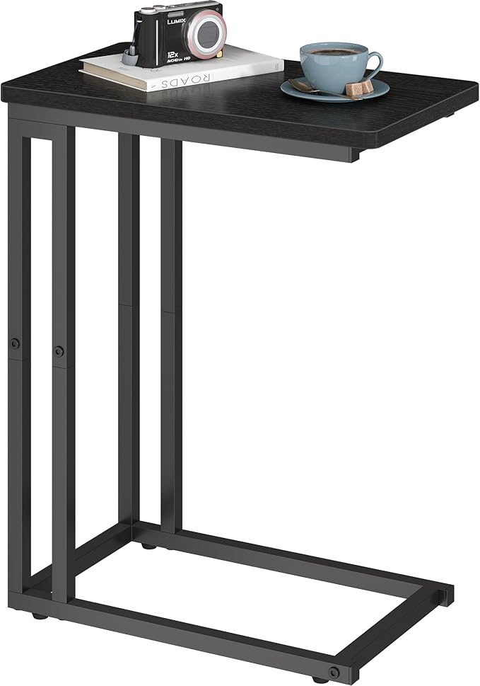 Yusong C Shaped End Table - Slide Under Sofa Couch Bed, Small Table for Small Spaces, Skinny Overbed, Coffee Drink Snack Table for Living Room, Black Oak