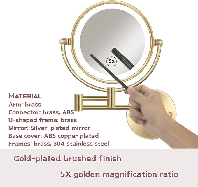 Lighted Makeup Mirror Wall Mounted Gold, Double Sided 1/5X Magnifying Mirror Wall Mount with Light, 360 Swivel Cosmetic Mirror for Bathroom, Brass Brushed Gold, Hardwired