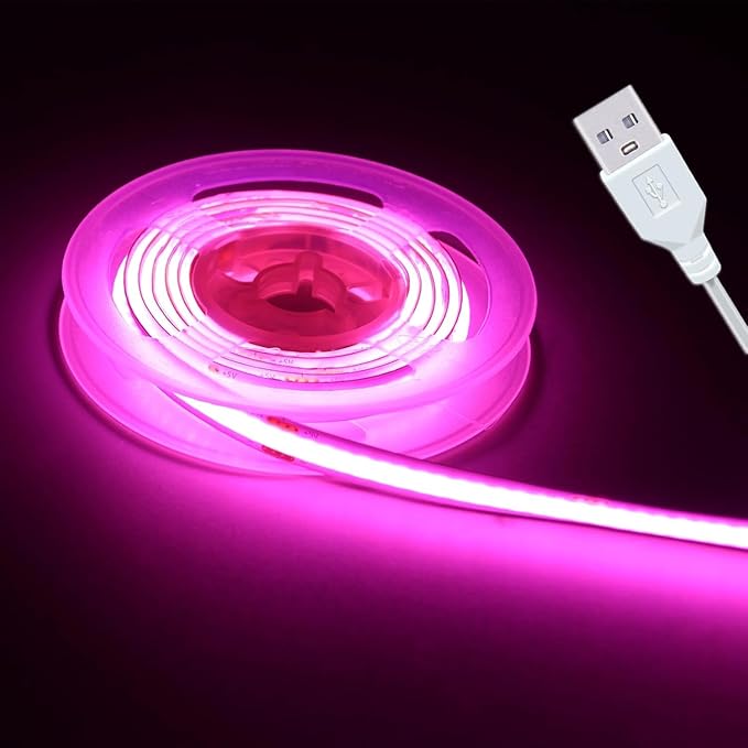 Short Led Strip Lights Pink 5V USB LED Lighting COB LED Strip Pink Flexible LED Tape Light Not Dimmable Small led, for Display Cabinet, Home DIY Lighting Room Decor TV Lights (3.28FT/1M)