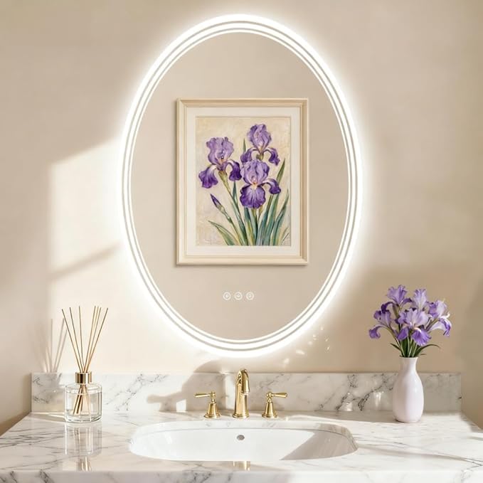 24''x36'' Oval Lighted Mirrors for Bathroom Wall Backlit + Front Lit, Oval LED Bathroom Mirror Frameless with Lights Anti Fog, Dimmable, 3 Colors,Tempered Glass, Shatter-Proof