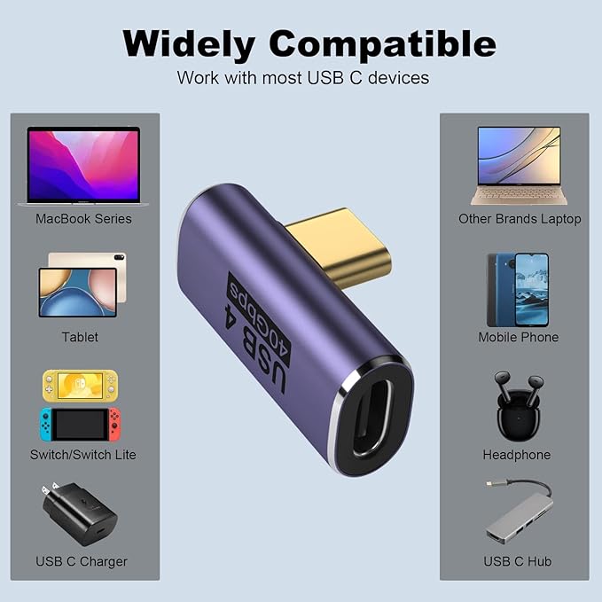AreMe 2 Pack USB C Male to Female Adapter, 90 Degree Right Angle Type C Extender Support 100W, 40Gbps, 8K@60Hz for Thunderbolt 4/3, MacBook Pro/Air, Laptop, Phones and More Type C Devices (Purple)