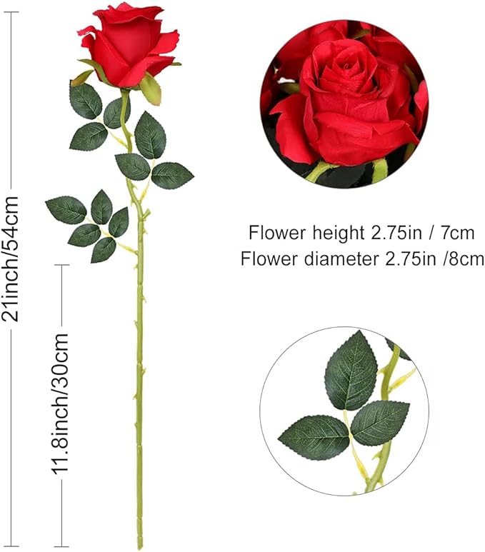 JUSTOYOU 8PCS Red Roses Artificial Flowers Realistic Long Stem Fake Roses Bouquet, Faux Silk Flowers for DIY Bouquets Wedding Centerpieces Arrangements Home Party Decor