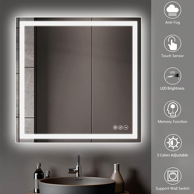 Wall-Mounted LED Square Bathroom Mirror, Makeup Mirror (36 inches x 36 inches,) 3 Color Dimming Bathroom Vanity Mirror with Lights Smart Mirror with Touch