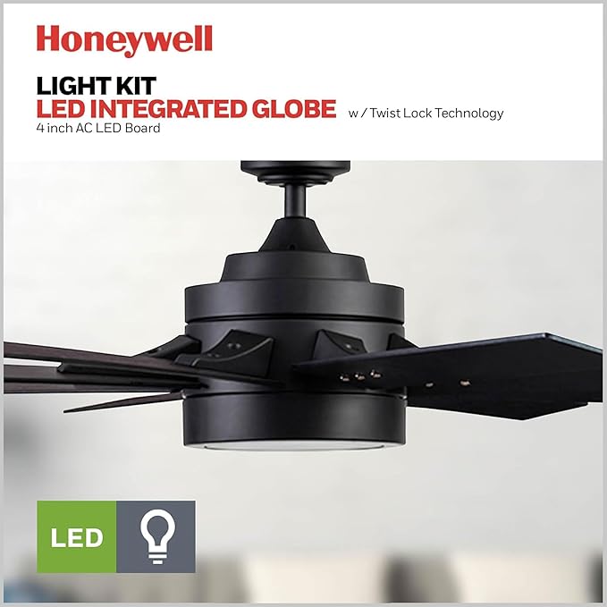 Honeywell Ceiling Fans Xerxes Modern 62 Inch Ceiling Fan with Light, Remote Control Fan, LED Indoor Fan with 8 Blades, Matte Black and Ash Blade Finish Options, Matte Black (51473-01)