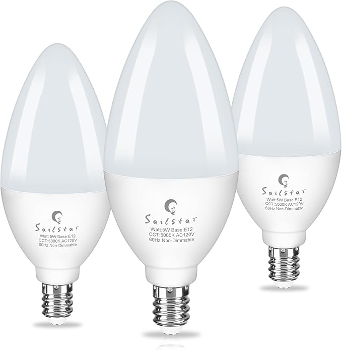 Sailstar Ceiling Fan Light Bulbs 60 Watt Equivalent, 5W Candelabra LED Light Bulbs, 500LM, Daylight 5000K, E12 Small Base Light Bulbs, B11 Type B Bulb for Chandelier, CRI 85, Non-dimmable, 3 Pack