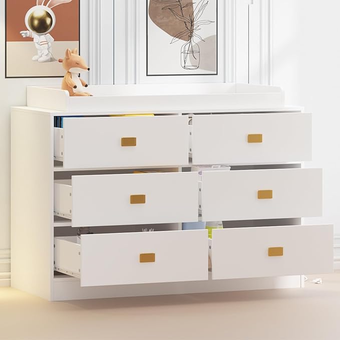 Dresser for Bedroom with 6 Drawers, Changing Table Dresser with Power Outlets, Soft Changing Pad & Removable Top, Baby Dresser with Changing Table Top for Nursery, White