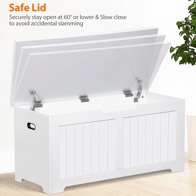 Wooden Storage Chest Box with Flip-top Lid & Safety Hinge, 39.4 Inch Living Room Organizer, Bedroom Bench, White