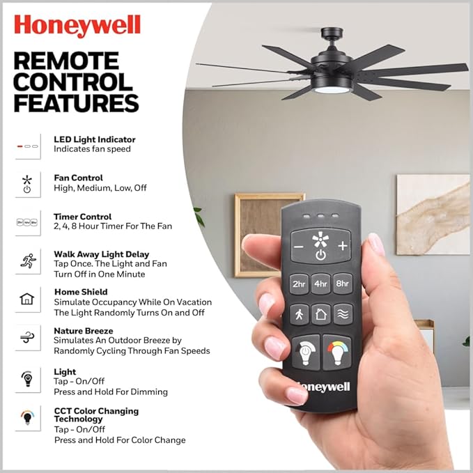 Honeywell Ceiling Fans Xerxes, 62 Inch Modern Indoor Ceiling Fan with Lights and Remote Control, Color Changing LED, 8 Dual Finish Blades, Reversible Motor - 51904-01 (Black)