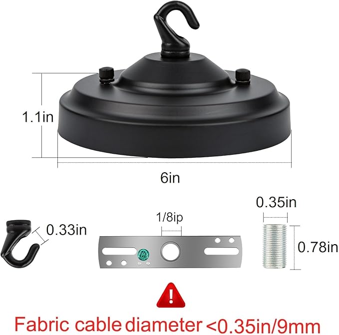 Light Canopy Kit, 6IN Chandelier Kit with Hook, Matte Black Ceiling Metal for Pendant Light, Chandelier, Grow Plant, Max Load 33LBS