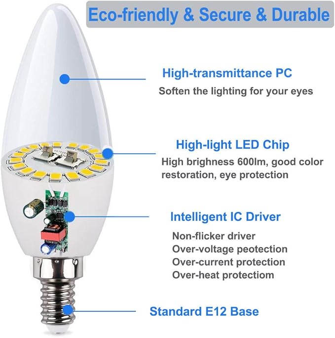 Vinaco 2 Pack E12 LED Candelabra Bulb, 400LM 4W 3000K Warm White, High Brightness, Long Lifespan, Energy Efficient, Flicker-Free, Great for Ceiling Fan Light Bulb