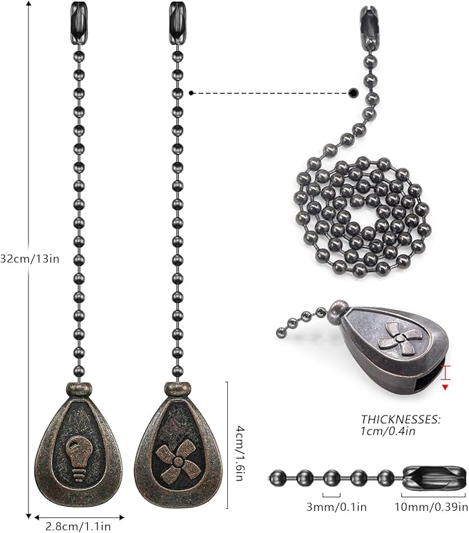 Bronze Ceiling Fan Pull Chain Set, Decorative Fan Pull Chain Pendant Extension, 12 Inches Lighting & Fan Beaded Ball Pull Chain Extender with Connector (4 Pack)