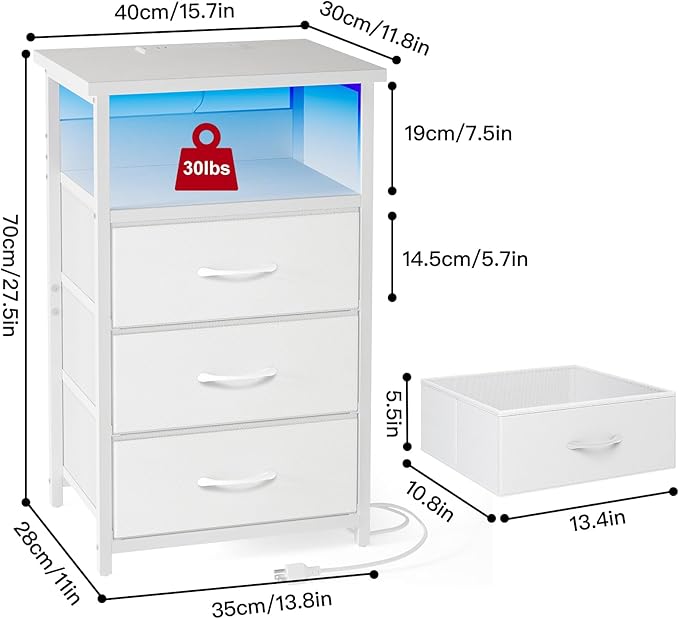 Fixwal White Nightstand with Charging Station, LED Night Stand with 3 Fabric Drawers and Open Shelf, Bedside End Table in Living Room
