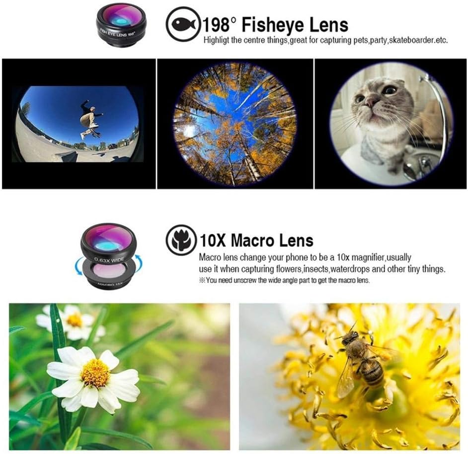 Phone Camera Lens Kit - 4 in 1 Cell Phone Camera Lenses Kit - 18X Telescopic Lens, 198° Fisheye Lens, 0.36 Super Wide