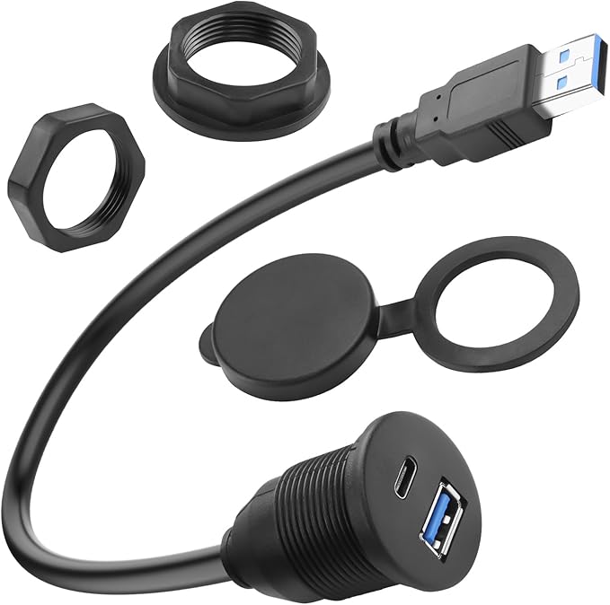 QIANRENON 2-in-1 USB3.0 to USB3.0 & USB C Threaded Fixed Adapter Short Cable 5GBps Type A Male to A + C Female Embedded Mount 1 to 2 Connector, 5V3A Charging, Mounted Car/RV Dashboard, 30cm/11.8in
