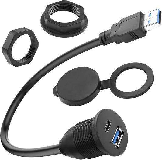 QIANRENON 2-in-1 USB3.0 to USB3.0 & USB C Threaded Fixed Adapter Short Cable 5GBps Type A Male to A + C Female Embedded Mount 1 to 2 Connector, 5V3A Charging, Mounted Car/RV Dashboard, 30cm/11.8in