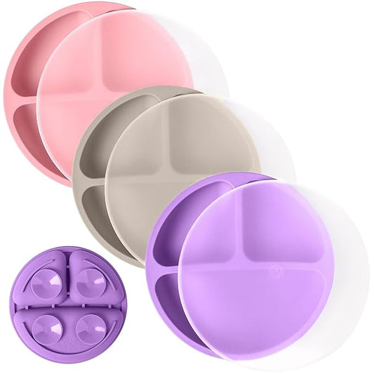 WeeSprout Suction Plates with Lids for Babies & Toddlers - 100% Silicone, Dinnerware Stays Put, Divided Design for Picky Eaters, Microwave & Dishwasher Friendly, 3 Pack