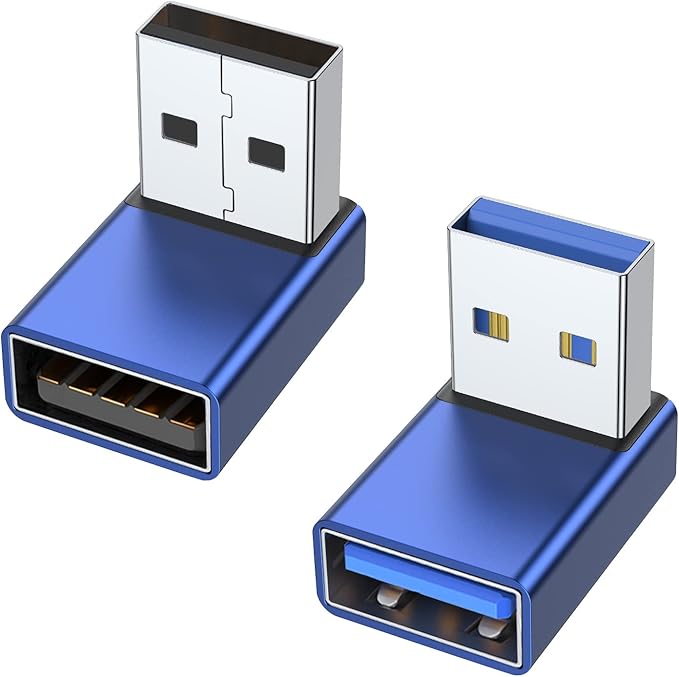 AreMe 90 Degree USB 3.0 Adapter 2 Pack, Up and Down Angle USB A Male to Female Converter Extender for PC, Laptop, USB A Charger, Power Bank and More (Blue)