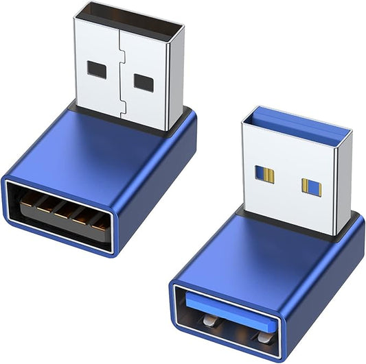 AreMe 90 Degree USB 3.0 Adapter 2 Pack, Up and Down Angle USB A Male to Female Converter Extender for PC, Laptop, USB A Charger, Power Bank and More (Blue)