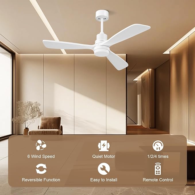 Obabala 52inch White Ceiling Fan with Lights Modern Ceiling Fan with Remote Control Reversible DC Noiseless Motor 6 Speed, Timer for Indoor Outdoor Patios