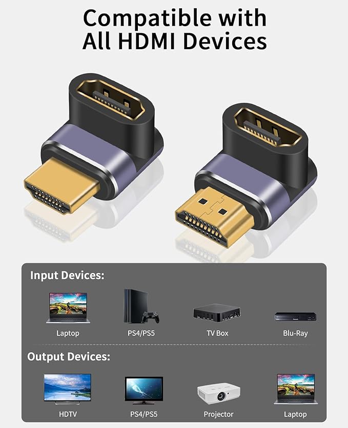 Poyiccot 90 Degree HDMI Adapter 8K, 48Gbps HDMI Extension Adapter, Up Down Angle HDMI 2.1 Extender with LED Indicator for 3D TV Stick Roku Stick Xbox PS5, 2pcs