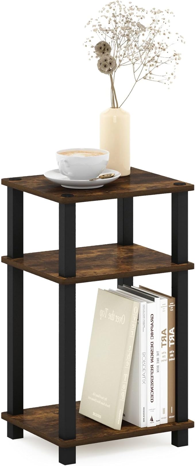 Furinno Just 3-Tier Turn-N-Tube End Table/Night Stand/Bedside Table, 1-Pack, Amber Pine/Black