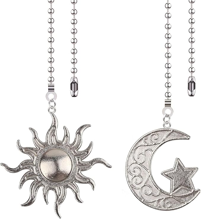 Silver Ceiling Fan Pull Chain, 12 Inches Totem Bohemia Pendant Extension Decorative, 3mm Beaded Ball Chain Extender Ornament with Connector Moon and Sun (2Pack)