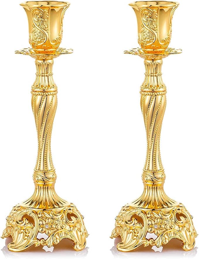 Sziqiqi Gold Candlestick Holders Set of 2 Taper Candle Holders Deluxe Ornate Candle Holders for Shabbat Taper Candles, Candle Centerpiece, Wedding Candles, Christmas Candle 7.4inch