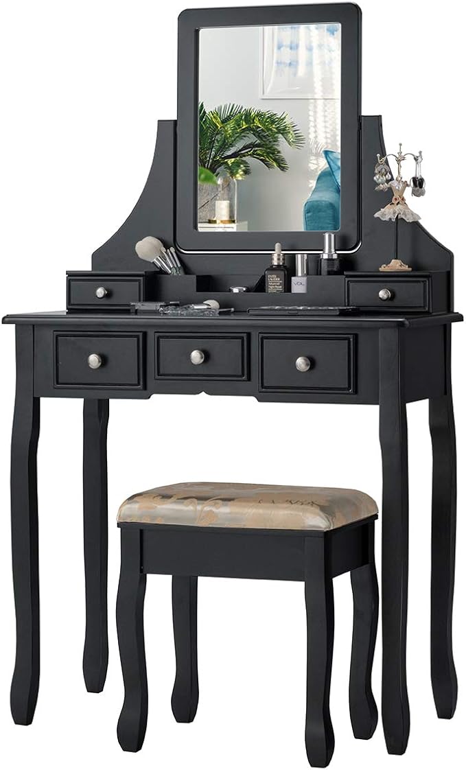 CHARMAID Makeup Vanity Set with Mirror and Cushioned Stool, Dressing Table with 5 Drawers and Removable Storage Organizers, Bedroom Makeup Table with Stool for Women Girls (Black)