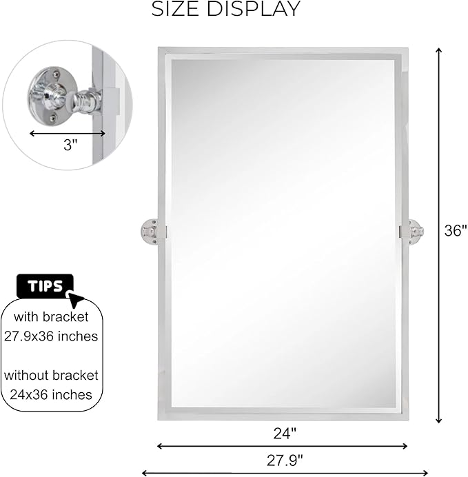 TEHOME Chrome Pivot Mirror Tilt Bathroom Mirror in Polished Nickel Tilting Beveled Vanity Mirrors in Chrome, 28.5x36''