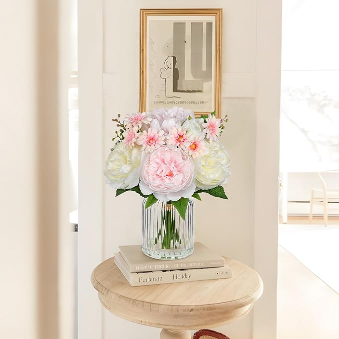 DILATATA Artificial Flowers in Vase Pink Silk Peony & Daisy Faux Floral Arrangements for Table Centerpieces, Home Office Kitchen Bathroom Decor, Spring Fake Flower Arrangement