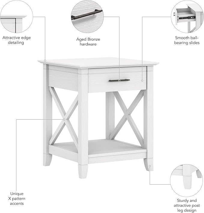 Bush Home End Table with Drawer, Nightstand with Storage, Living Room and Bedroom Furniture, Key West Collection, Pure White Oak