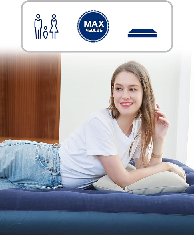 Twin Size Air Mattress for Inflatable - Portable Blue Blow Up Mattresses with Flocked top - Single Foldable Air Bed for Tent Camping Home Travel Backpacking