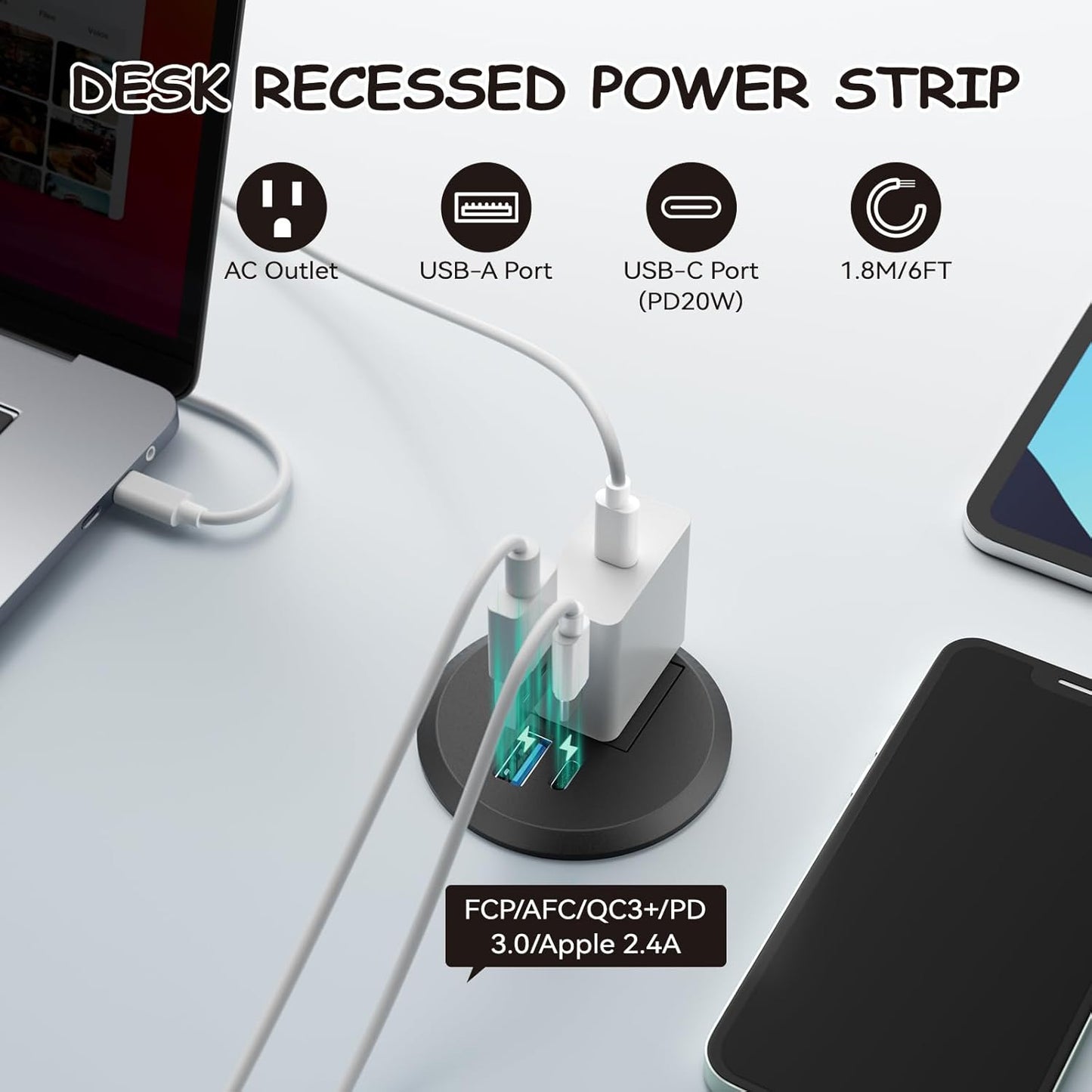 XBA 2inch Desktop Power Grommet - Recessed Power Strip with PD 20W USB C and AC Outlet