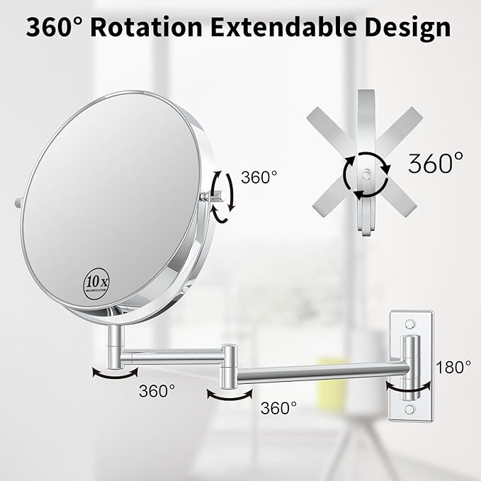 Wall Mounted Makeup Mirror, 10x/1x Double-Sided Magnifying Mirror, 360° Extendable Arm Bathroom Mirror, 8 inch Vanity Mirror for Makeup or Shaving Chrome Finish