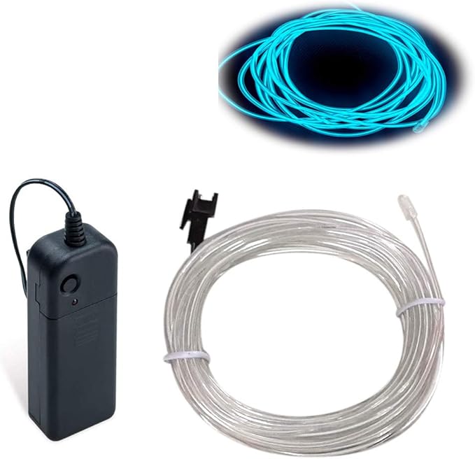 MaxLax EL Wire Ice Blue, 16.4ft/5m Portable Battery Pack Neon Light Strip 360° Cuttable Glowing Rope Lights for Parties, Halloween, DIY Decoration